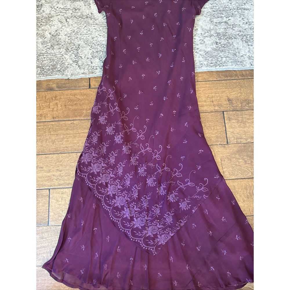 Vintage 90s Beaded Asymmetrical Bias Cut Maxi Dress  Sz 8 V-Neck Rayon Burgundy‎ - Picture 3 of 15
